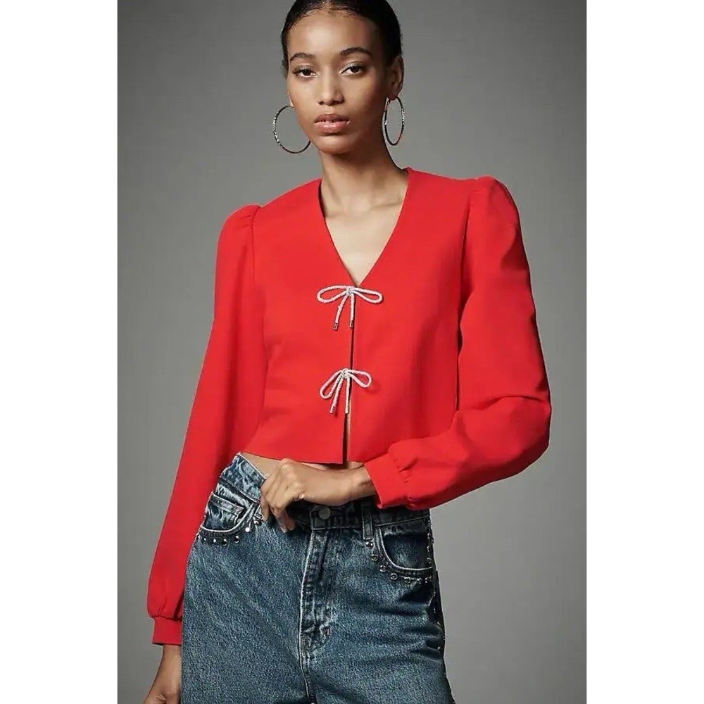 Dolan AnthropologieLeft Coast Red Rhinestone Bow Cardigan Top Puff Sleeve Medium
